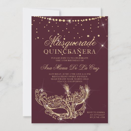 Masquerade goudglitter-rubbendrukbruine quinceaner kaart (Voorkant)