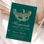 Masquerade green gold glitter mask Sweet 16 Kaart<br><div class="desc">Een moderne,  chic en glamoureus zoete zestien met een handgetekend goudglitter masquerade masker met gouden glitterdiamantsparken op een bewerkbare groene achtergrond met goudglitter achteraan.</div>