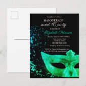 Masquerade Green Masque Black Sweet 16 Uitnodiging Briefkaart (Voorkant / Achterkant)