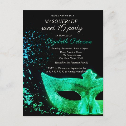 Masquerade Green Masque Black Sweet 16 Uitnodiging Briefkaart (Voorkant)