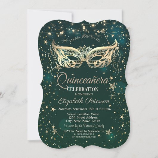 Masquerade, Green Stars Quinceañera Kaart (Voorkant)