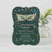 Masquerade, Green Stars Quinceañera Kaart (Staand voorkant)