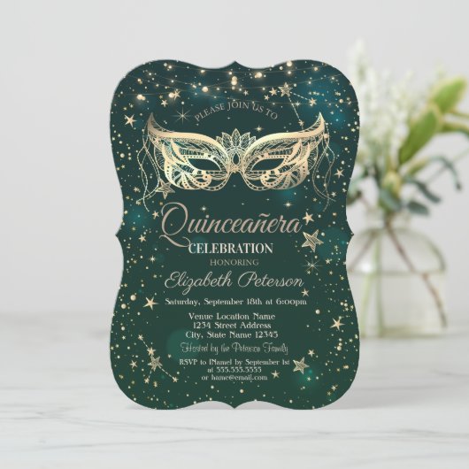 Masquerade, Green Stars Quinceañera Kaart (Staand voorkant)