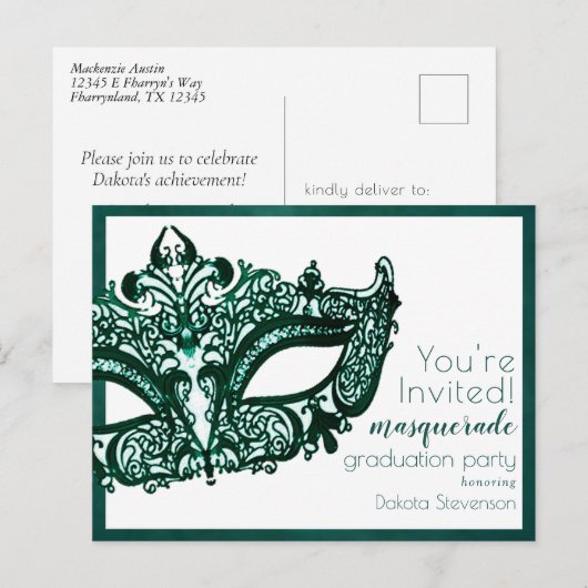 Masquerade Groen Masker | Afstuderen van Mardi Gra Uitnodiging Briefkaart (Voorkant / Achterkant)