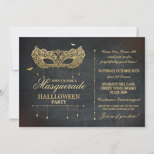 Masquerade Halloween Party Invite Gold Black Ball Kaart (Voorkant)
