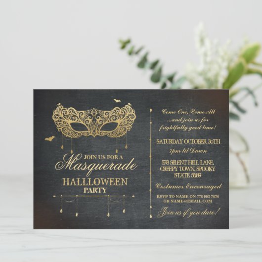 Masquerade Halloween Party Invite Gold Black Ball Kaart (Staand voorkant)