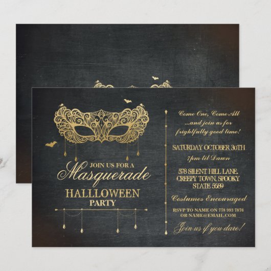 Masquerade Halloween Party Invite Gold Black Ball Kaart (Voorkant / Achterkant)