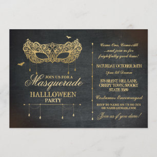 Masquerade Halloween Party Invite Gold Black Ball Kaart