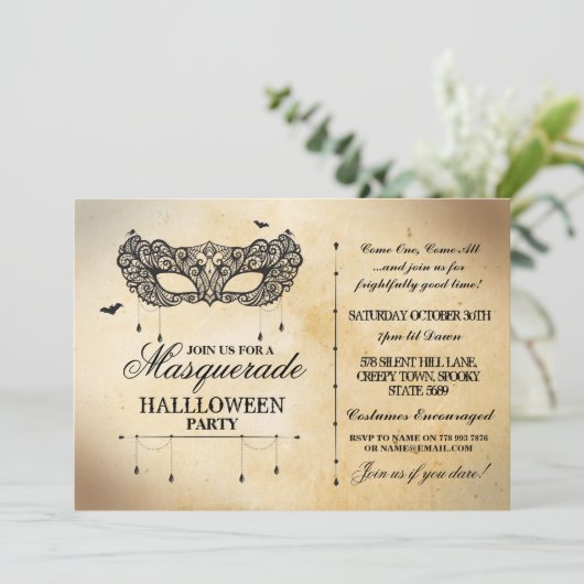 Masquerade Halloween Party Invite gothic Mask Ball Kaart (Staand voorkant)