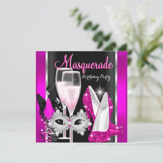 Masquerade Hi Heels Pink Black Champagne Party 3d Kaart (Staand voorkant)