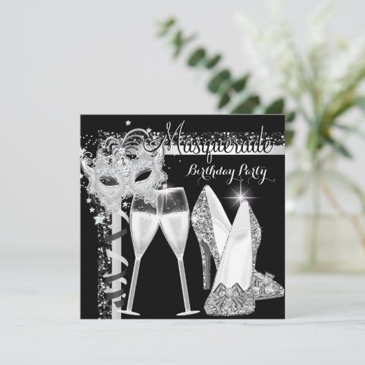 Masquerade Hi Heels Silver Black Champagne Party 2 Kaart (Staand voorkant)