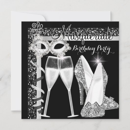 Masquerade Hi Heels Silver Black Champagne Party Kaart (Voorkant)