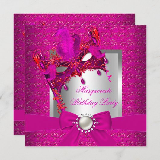 Masquerade Hot Pink Silver Pink Birthday Party Kaart (Voorkant / Achterkant)