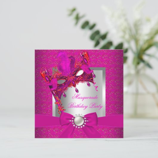 Masquerade Hot Pink Silver Pink Birthday Party Kaart (Staand voorkant)
