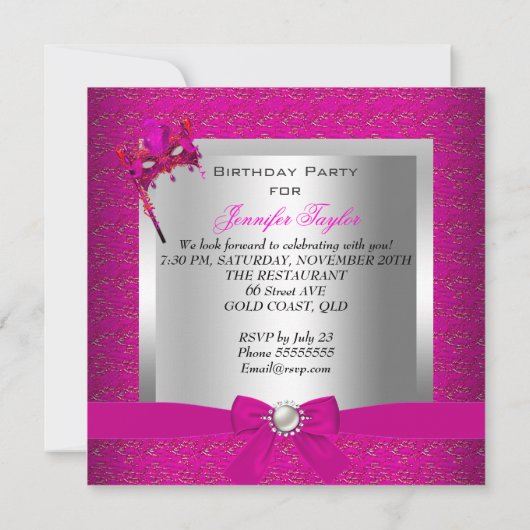 Masquerade Hot Pink Silver Pink Birthday Party Kaart (Achterkant)