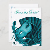Masquerade in Blauwgroen Opslaan Datum Save The Date (Voorkant / Achterkant)