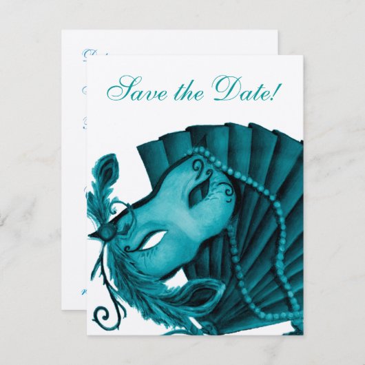 Masquerade in Blauwgroen Opslaan Datum Save The Date (Voorkant / Achterkant)