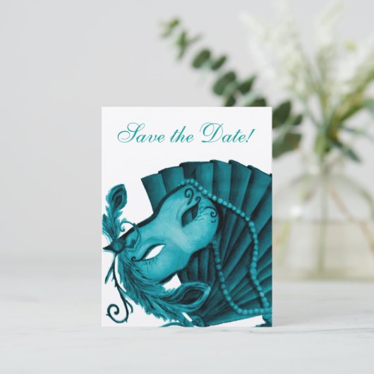Masquerade in Blauwgroen Opslaan Datum Save The Date (Staand voorkant)