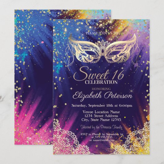 Masquerade, Kant, Verf Splash Sweet 16 Kaart (Voorkant / Achterkant)