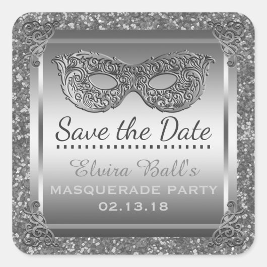 Masquerade Kostuum Party Glam Silver Save the Date Vierkante Sticker (Voorkant)