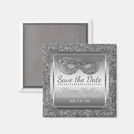 Masquerade Kostuum Party Save the Date Glam Silver Magneet (Voorkant / Achterkant)