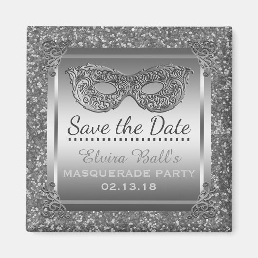 Masquerade Kostuum Party Save the Date Glam Silver Magneet (Voorkant)