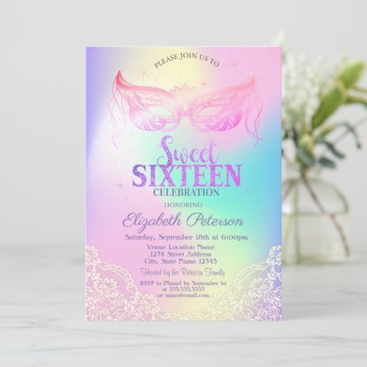 Masquerade, Lace Holographic Sweet 16 Kaart (Staand voorkant)