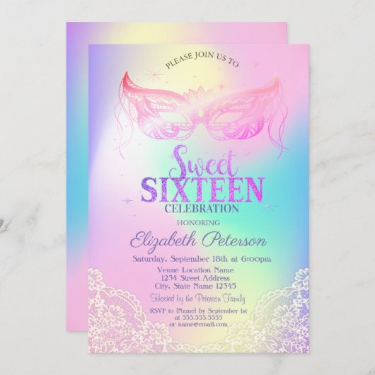 Masquerade, Lace Holographic Sweet 16 Kaart (Voorkant / Achterkant)