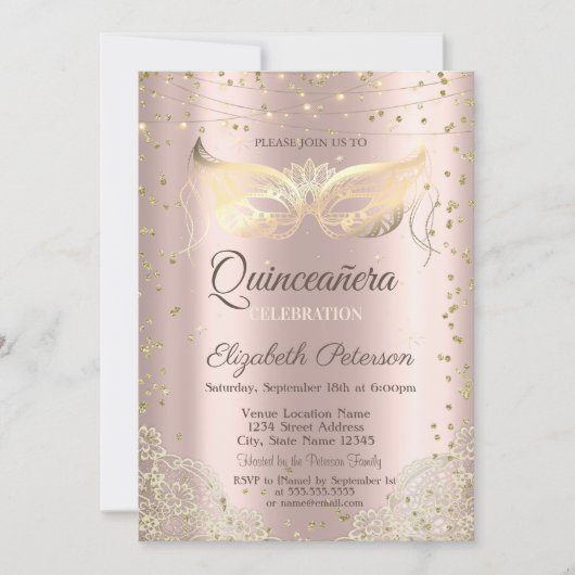 Masquerade, Lace Roos Gold Quinceañera Kaart (Voorkant)
