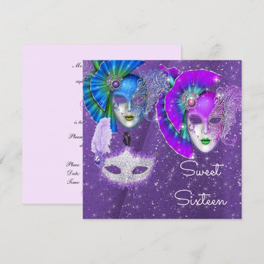 Masquerade, Mardi Gras Sweet Sixteen, Uitnodiging (Voorkant / Achterkant)