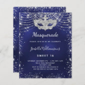 Masquerade marine blauw zilver Sweet 16 uitnodigin (Voorkant / Achterkant)