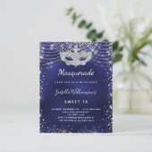 Masquerade marine blauw zilver Sweet 16 uitnodigin (Staand voorkant)