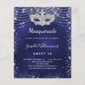Masquerade marine blauw zilver Sweet 16 uitnodigin (Voorkant)