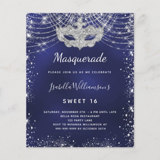 Masquerade marine blauw zilver Sweet 16 uitnodigin (Voorkant)