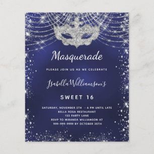 Masquerade marine blauw zilver Sweet 16 uitnodigin