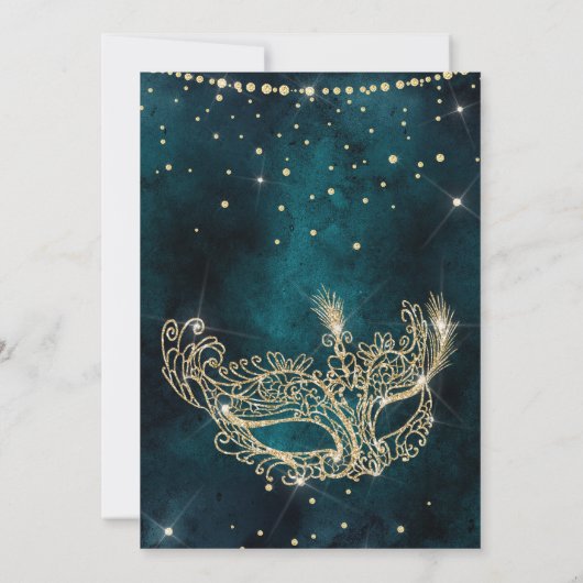 Masquerade mask blauwgroen goudglitter Sweet 16 Kaart (Achterkant)