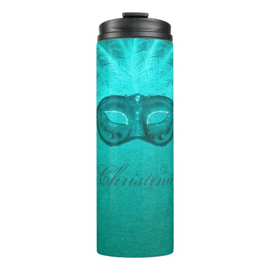 Masquerade Mask blauwgroen veer Art Deco Thermosbeker (Voorkant)