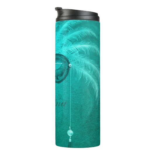 Masquerade Mask  blauwgroen veer Art Deco Thermosbeker (Geroteerd rechts)