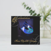 Masquerade Mask BLue Quinceanera Party Invitation Kaart (Staand voorkant)