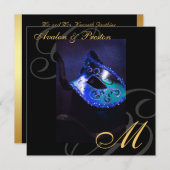 Masquerade Mask Blue Swirl Wedding Invitation Kaart (Voorkant / Achterkant)