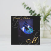 Masquerade Mask Blue Swirl Wedding Invitation Kaart (Staand voorkant)
