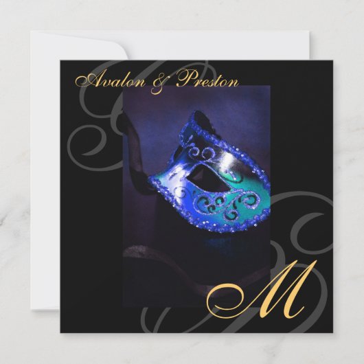 Masquerade Mask Blue Swirl Wedding Invitation Kaart (Voorkant)