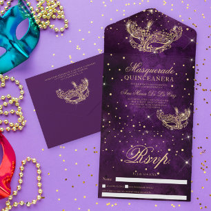 Masquerade mask chic gold glitter quinceanera plum all in one uitnodiging