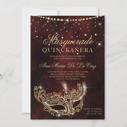 Masquerade mask chic red gouglitter quinceanera kaart (Voorkant)