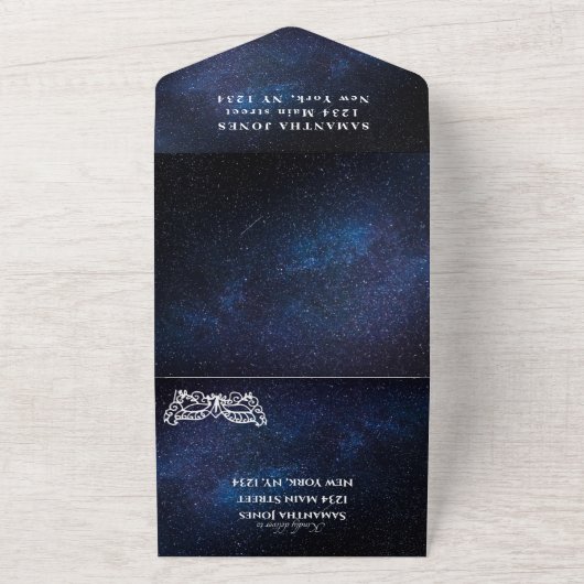 Masquerade Mask Galaxy Blue Stars Quinceanera All In One Uitnodiging (Buitenkant)