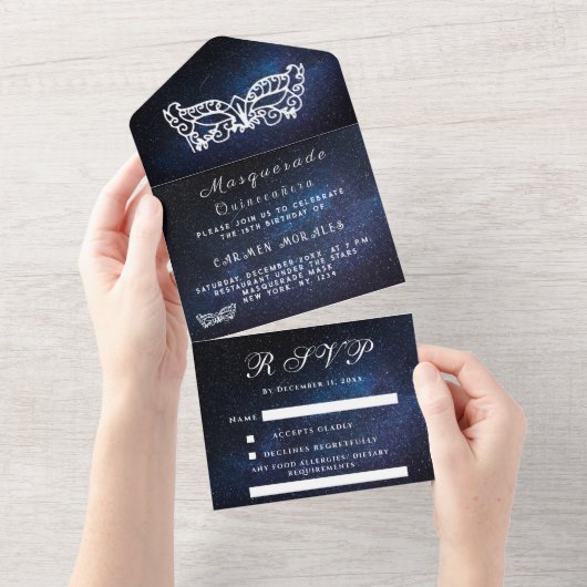 Masquerade Mask Galaxy Blue Stars Quinceanera All In One Uitnodiging (Afscheurbaar)