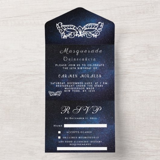 Masquerade Mask Galaxy Blue Stars Quinceanera All In One Uitnodiging (Binnen)