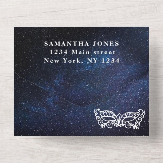 Masquerade Mask Galaxy Blue Stars Quinceanera All In One Uitnodiging (Achterkant)