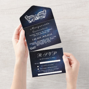 Masquerade Mask Galaxy Blue Stars Quinceanera All In One Uitnodiging
