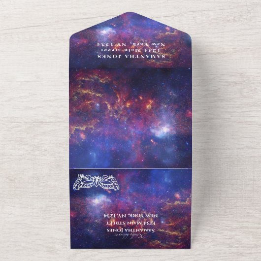 Masquerade Mask Galaxy Blue Stars Quinceanera All In One Uitnodiging (Buitenkant)